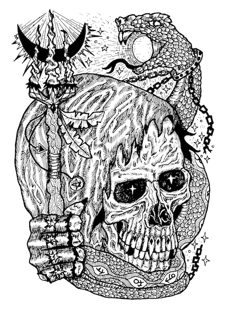Черно-белая иллюстрация с страшным черепом в капюшоне с волшебной палочкой и змеей