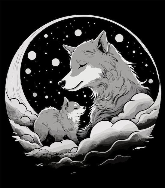 Vector black and white illustration of a wolf and baby wolf at night