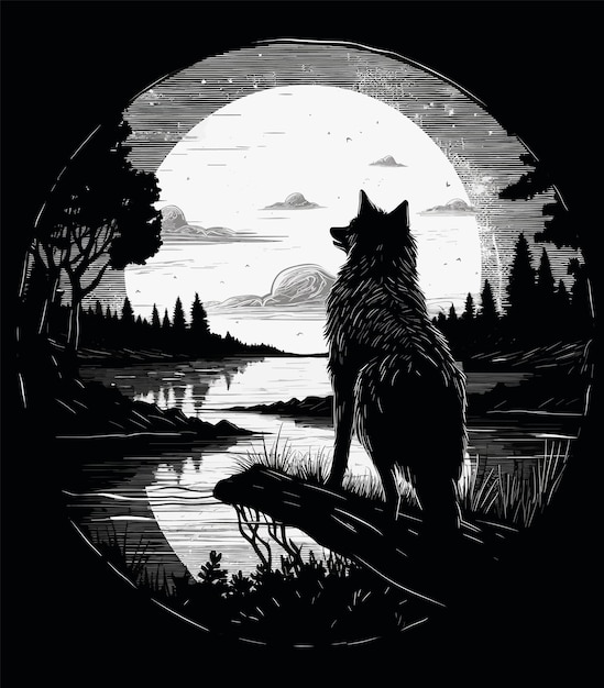 black and white illustration of a wolf looking at the moon