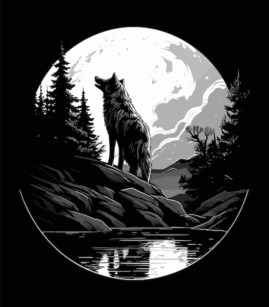 Vector black and white illustration of a wolf