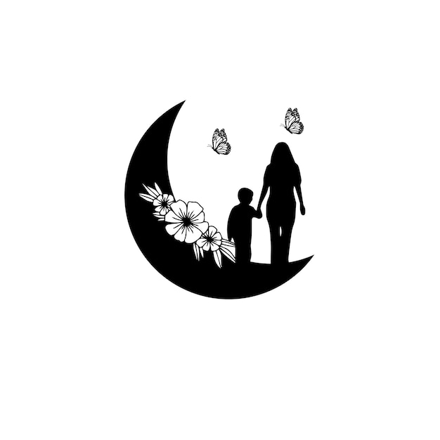 Vector a black and white illustration of a woman and a child holding hands on a moon with flowers.