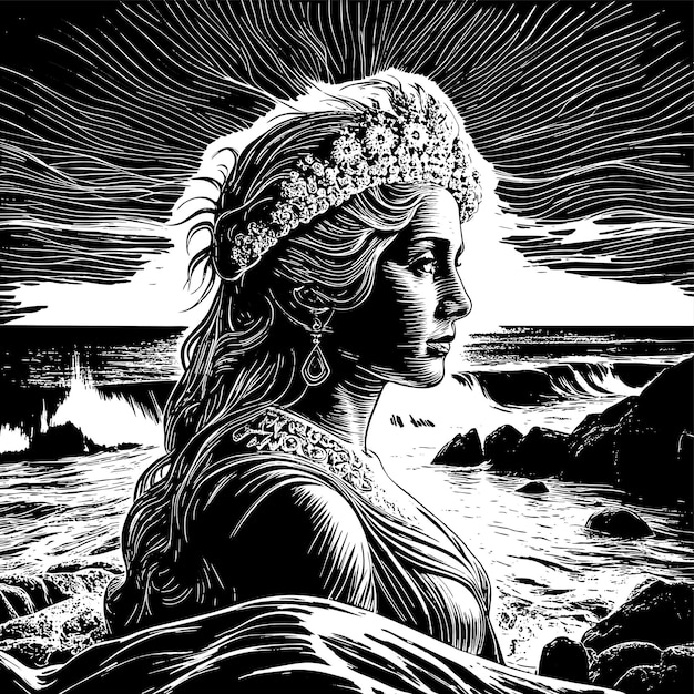 Vettore un'illustrazione in bianco e nero di una donna con una corona su una spiaggia