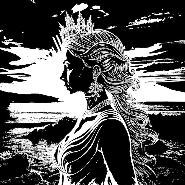 Vector a black and white illustration of a woman in a crown