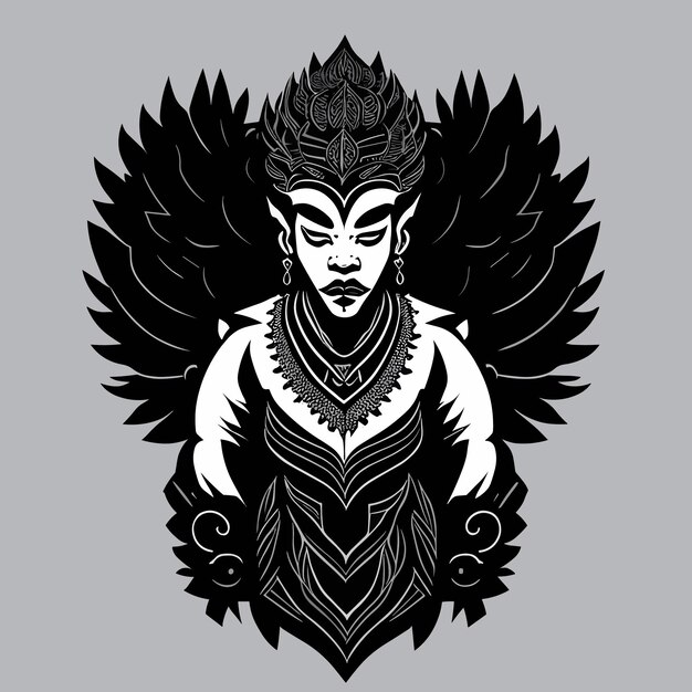 Vector a black and white illustration of a woman with wings and a crown.