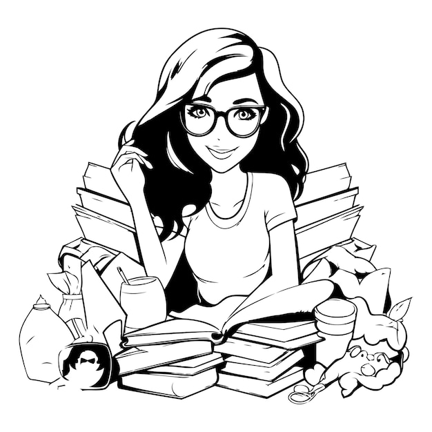 Black and white illustration of a young woman reading a book with a pile of books