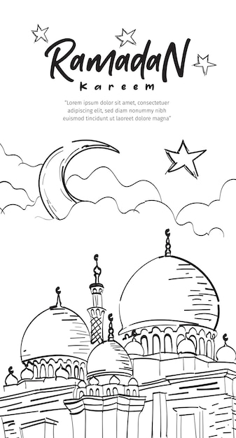 Black and white ilustration hand drawn mosque for happy mubarak ramadan islamic day