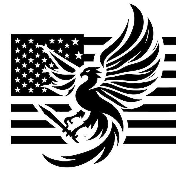 a black and white image of a bird with a flag in the background