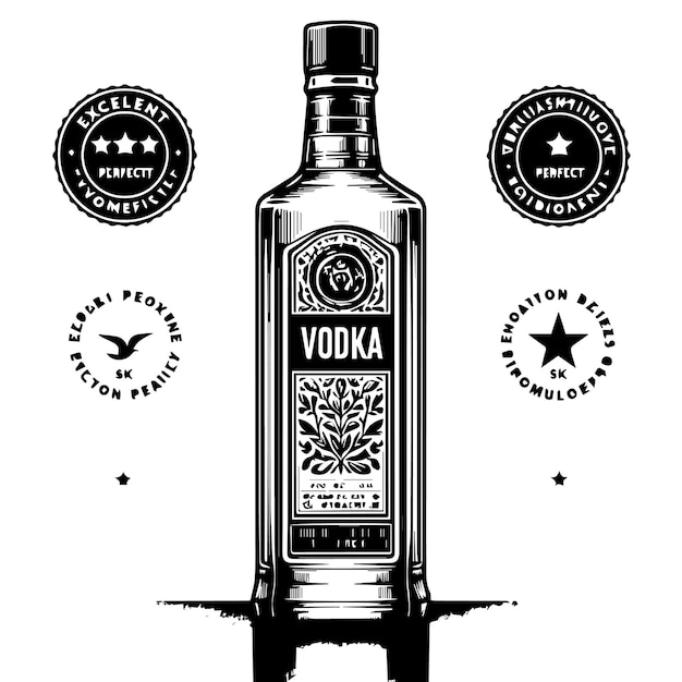 A black and white image of a bottle of vodka