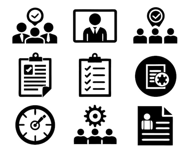 a black and white image of a business card with a clock and a folder with the word business on it