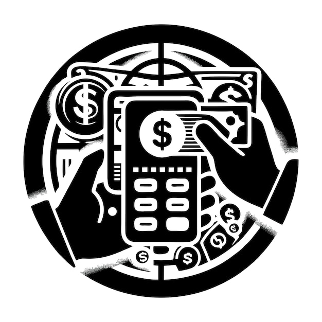 a black and white image of a cell phone with a dollar sign on it