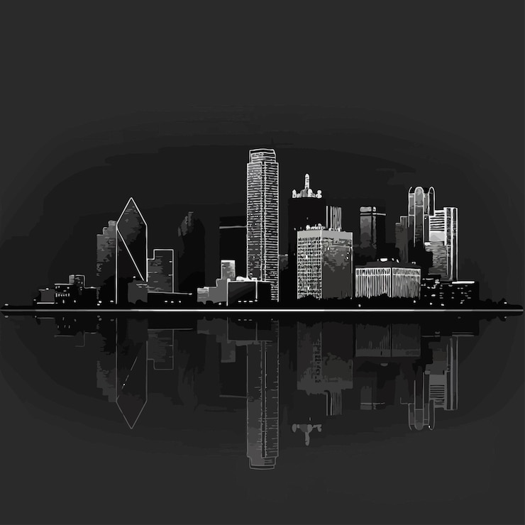 Vector a black and white image of a city skyline with a city in the background