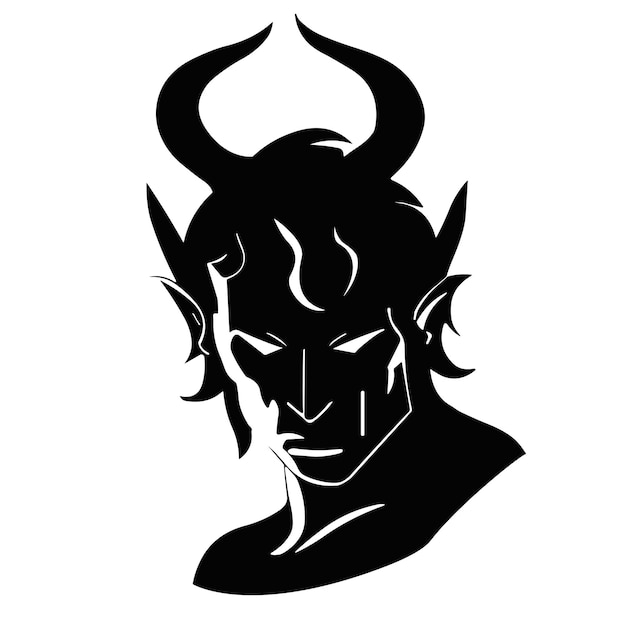 A black and white image of a devil with horns.