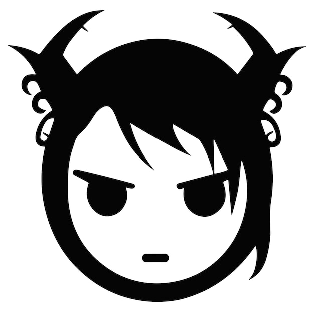 A black and white image of a girl with horns and a ring on her finger.