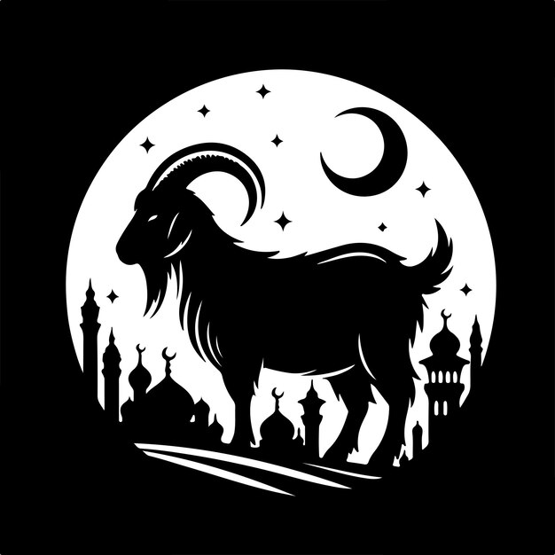 Vector a black and white image of a goat with the moon in the background