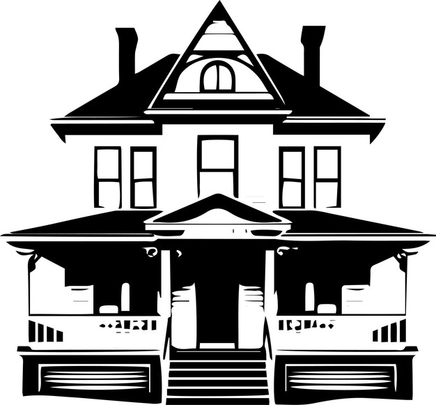 A black and white image of a house with a triangle on the front.