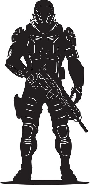 Vettore un'immagine in bianco e nero di un uomo in uniforme con una pistola sul petto