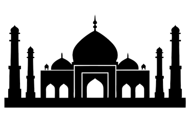 a black and white image of a mosque with a black silhouette