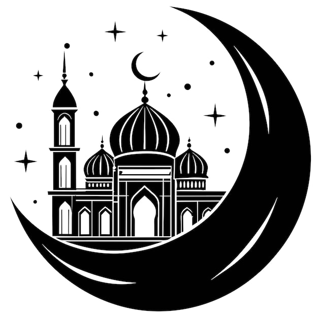 a black and white image of a mosque with a crescent moon and a crescent moon