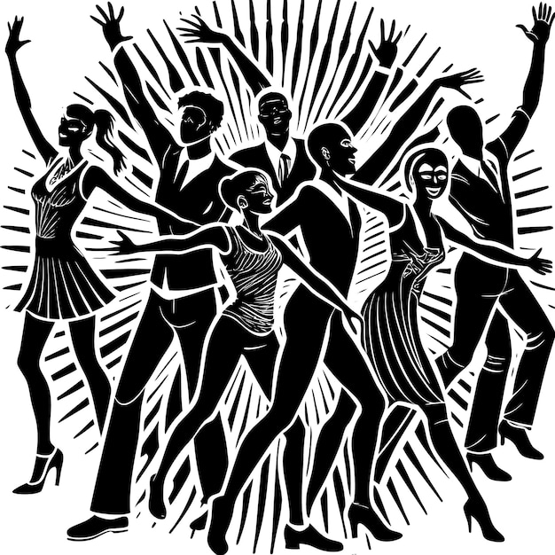 a black and white image of people dancing in a circle