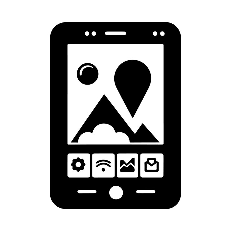 वेक्टर a black and white image of a phone with a map of the area on it