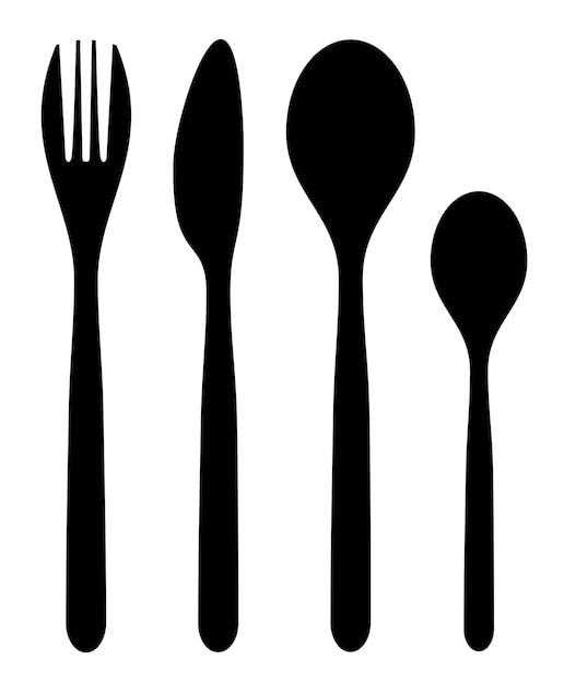 Vector a black and white image of a set of cutlery including a fork, spoon, and spoon.