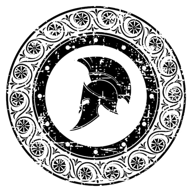 Vettore un'immagine in bianco e nero di un casco spartano in una cornice circolare