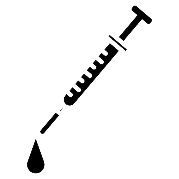 A black and white image of a syringe with a drop of blood on it