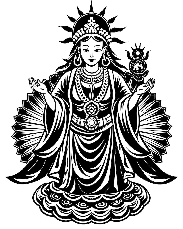 Vector a black and white image of a woman with a gold crown and a black and white background