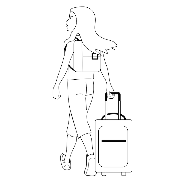 Black and white imageGirl with a backpack and a suitcase at the airport She arrived in a new and unfamiliar city Surprised serious face JourneyWhite background vector