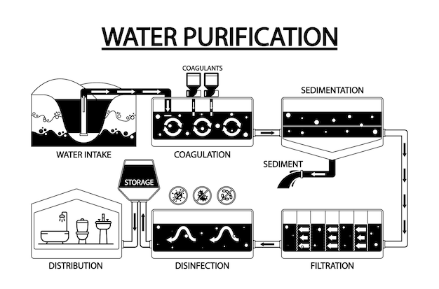 Vector black and white infographics showcasing process of water purification water intake coagulation sedimentation