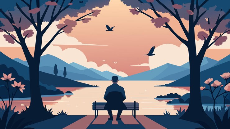 Vector a black and white ink drawing of a lone birdwatcher sitting on a bench surrounded by blooming cherry