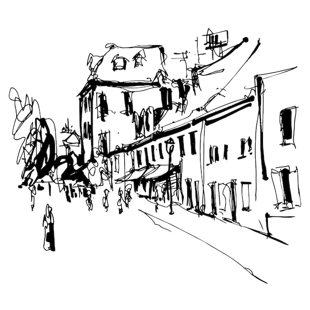 Black and white ink hand drawing of cetinje street  ancient capital in montenegro travel postcard