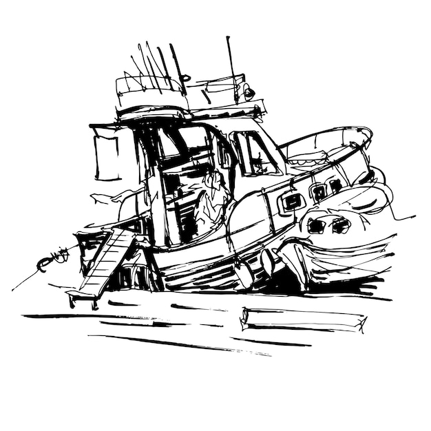 Vector black and white ink sketch drawing of boat in marine travel vector illustration