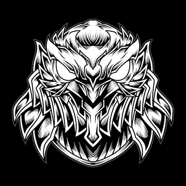 Black and white iron mecha owl head logo illustration