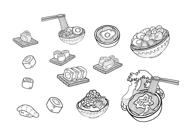 black and white japanese food set flat style illustrations