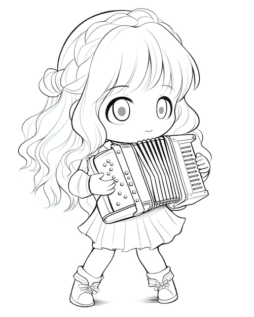 Black and white kawaii accordion player Best Hand Draw Colorful Book EPS
