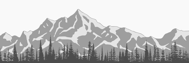 Vector black and white landscape spruce forest against the background of snow mountains