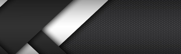 Vector black and white layers above each other header modern material design with a hexagonal pattern vector abstract widescreen banner