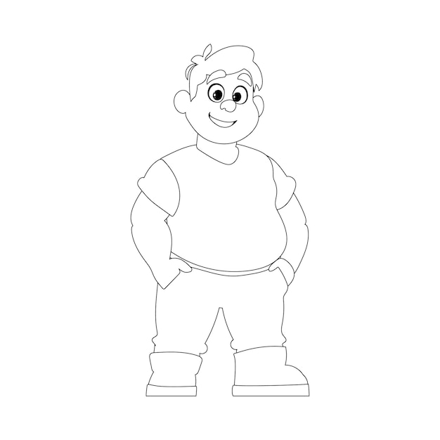 Black and white line art fat man posing and smiling overweight guy is cute body positivity theme coloring style