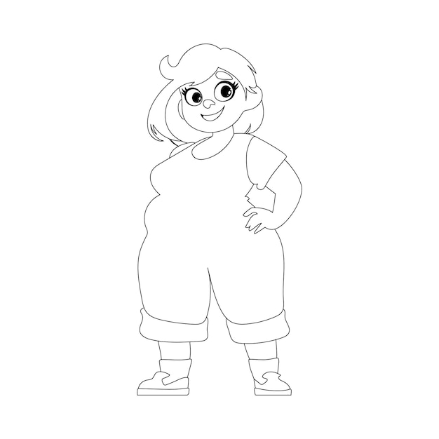 Vector black and white line art fat woman posing and smiling cute overweight girl body positivity theme coloring style