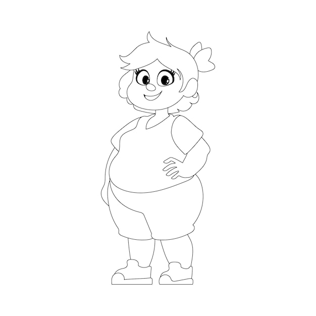Vector black and white line art fat woman posing and smiling cute overweight girl body positivity theme coloring style