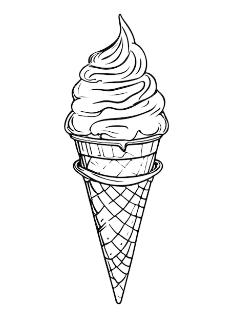 Black and white line art icon ice cream cone coloring book page for adults and kids