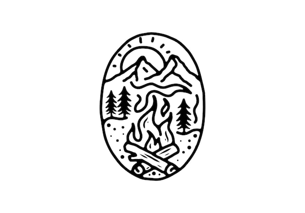 Black and white line art illustration of bonfire and mountain