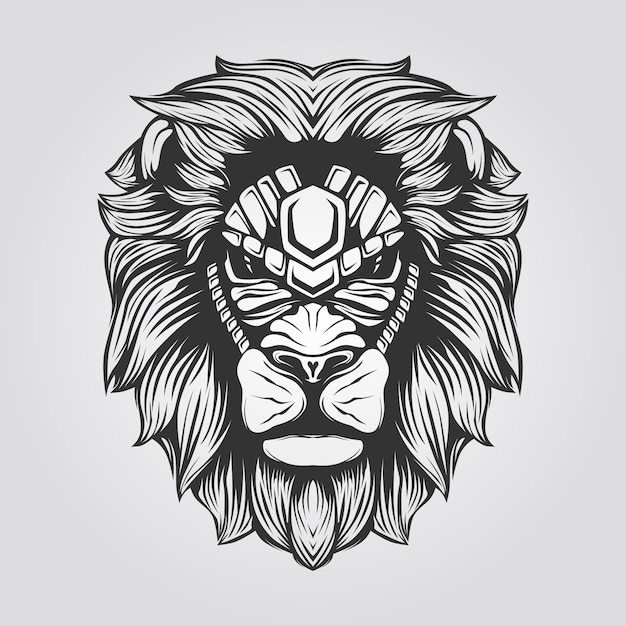 Black and white line art of lion head