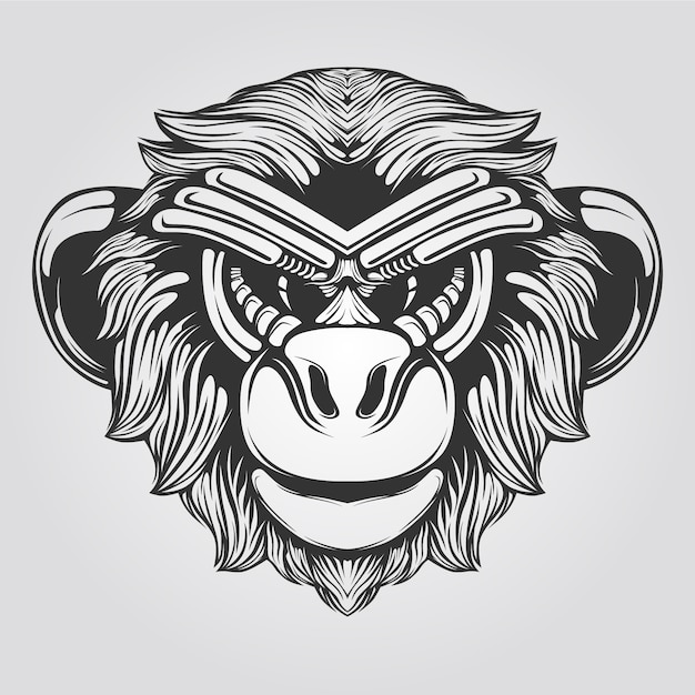 Vector black and white line art of monkey