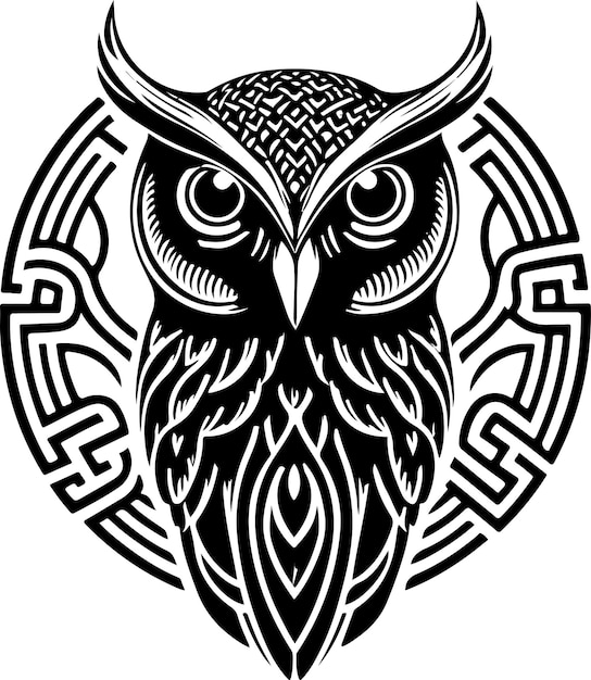 Black and white line art of owl head. good use for symbol, mascot, icon, avatar, tattoo.