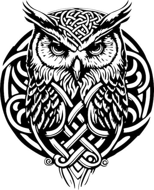 フクロウの頭の黒と白の線画。シンボル、マスコット、アイコン、アバター、タトゥーに最適です。