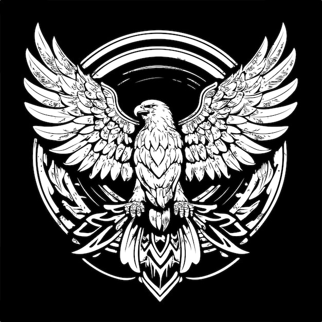 Vector a black and white line art representation of an eagles spread wings with intricate details