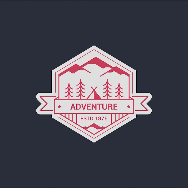 Black and white line  camp badge. Mountain climbing and forest camp emblem.