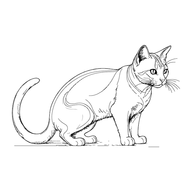 Black and white line drawing of a cats full body